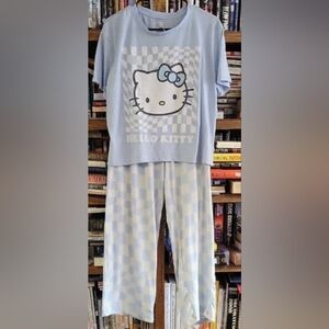 Women's large Hello Kitty PJ pajama set light blue checkered pants & tee t-shirt